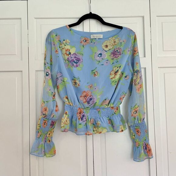 Wayf blue floral smocked waist blouse size xs - Picture 1 of 6